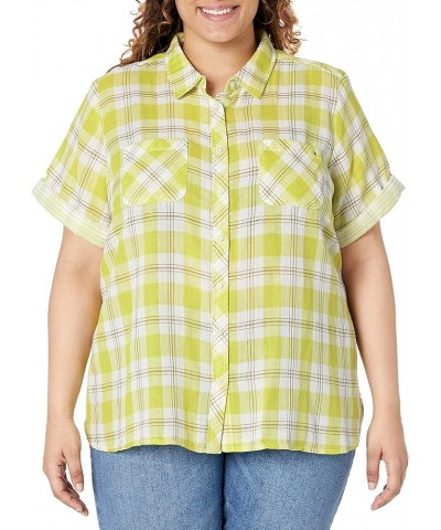 Women's Short Sleeve Camp Shirt, Printed Pindot Regular Fit Chartruese $10.54 Blouses