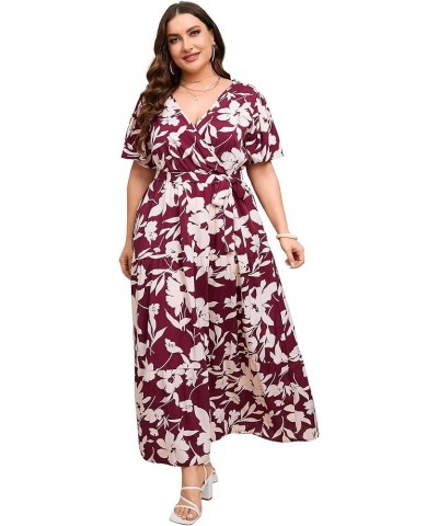 Women Plus Size V Neck Wrap Maxi Dress Short Sleeves High Waist Ruffle Summer Casual Dress with Belt Short Sleeve Wine Red Wh...