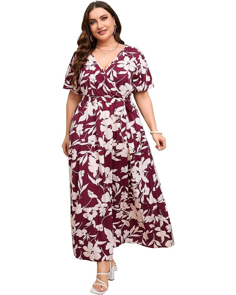 Women Plus Size V Neck Wrap Maxi Dress Short Sleeves High Waist Ruffle Summer Casual Dress with Belt Short Sleeve Wine Red Wh...