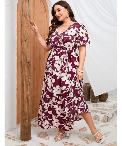 Women Plus Size V Neck Wrap Maxi Dress Short Sleeves High Waist Ruffle Summer Casual Dress with Belt Short Sleeve Wine Red Wh...