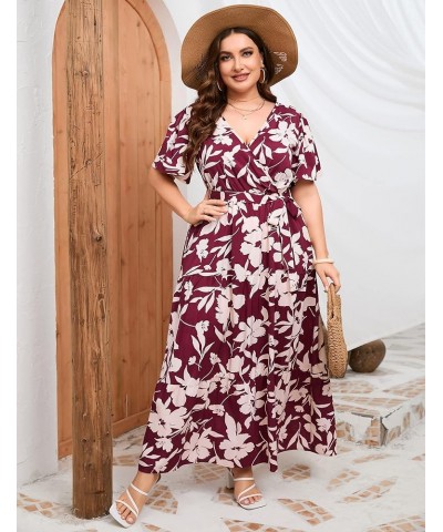 Women Plus Size V Neck Wrap Maxi Dress Short Sleeves High Waist Ruffle Summer Casual Dress with Belt Short Sleeve Wine Red Wh...