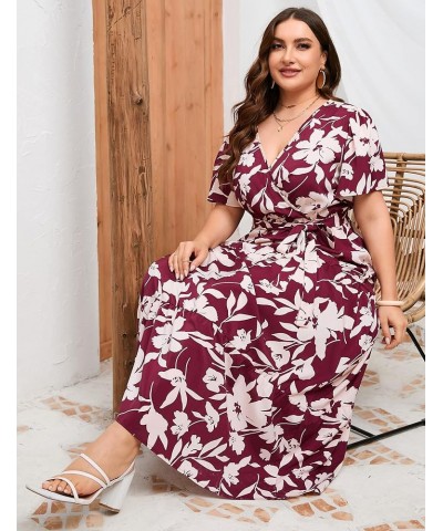 Women Plus Size V Neck Wrap Maxi Dress Short Sleeves High Waist Ruffle Summer Casual Dress with Belt Short Sleeve Wine Red Wh...