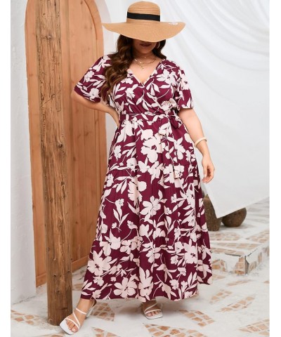 Women Plus Size V Neck Wrap Maxi Dress Short Sleeves High Waist Ruffle Summer Casual Dress with Belt Short Sleeve Wine Red Wh...