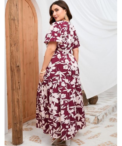 Women Plus Size V Neck Wrap Maxi Dress Short Sleeves High Waist Ruffle Summer Casual Dress with Belt Short Sleeve Wine Red Wh...