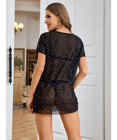 Women's Swimsuit Cover Ups Beach Swimwear See Through Sheer Mesh Dress Black Shine $15.50 Swimsuits