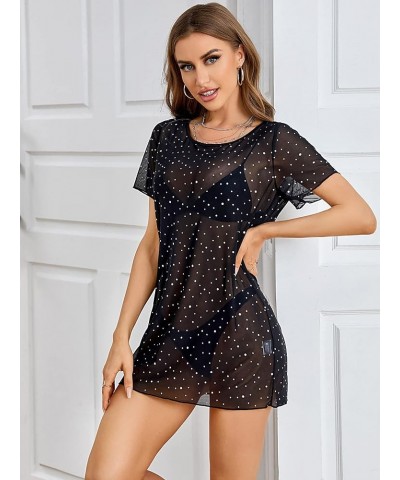 Women's Swimsuit Cover Ups Beach Swimwear See Through Sheer Mesh Dress Black Shine $15.50 Swimsuits