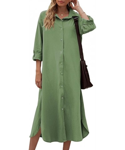 Women Cotton and Linen Shirt Dress Casual Loose Maxi Dresses Lightgreen $14.70 Dresses