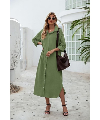 Women Cotton and Linen Shirt Dress Casual Loose Maxi Dresses Lightgreen $14.70 Dresses