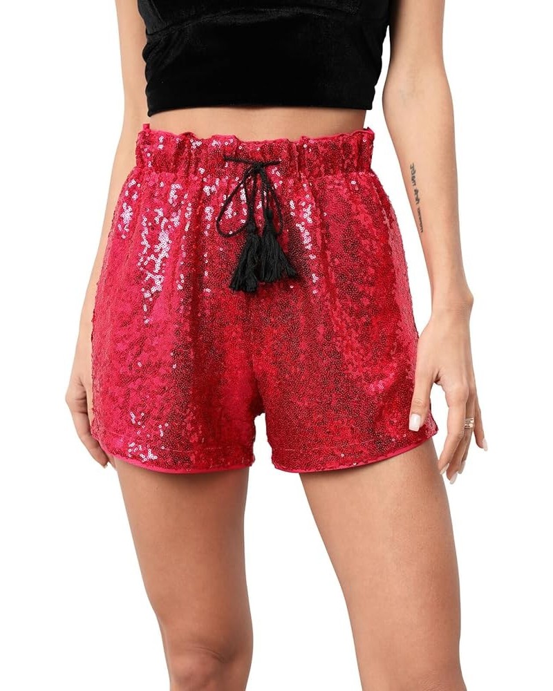 Women's Sequins Shorts High Waist Elastic A Line Sparkly Clubwear Night-Out Shorts Rose Red $18.87 Shorts