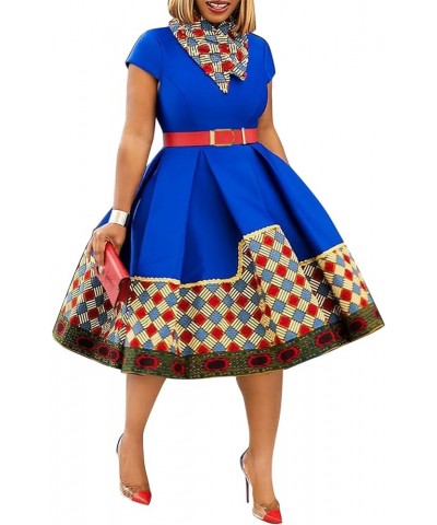 Women's Elegant Multicolor Grid Stitching Lapel A-line Dress Short Sleeve Belt Night Club Party Evening Midi Dresses Blue $22...