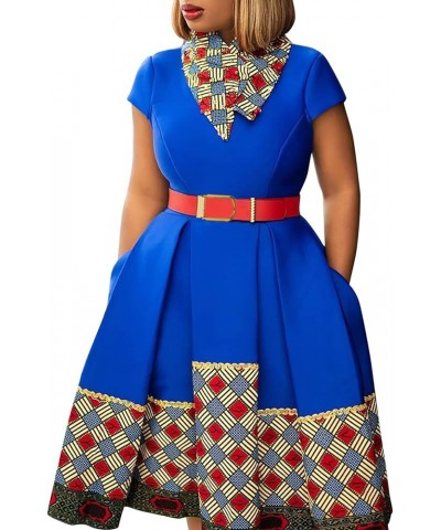 Women's Elegant Multicolor Grid Stitching Lapel A-line Dress Short Sleeve Belt Night Club Party Evening Midi Dresses Blue $22...