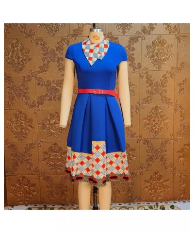 Women's Elegant Multicolor Grid Stitching Lapel A-line Dress Short Sleeve Belt Night Club Party Evening Midi Dresses Blue $22...