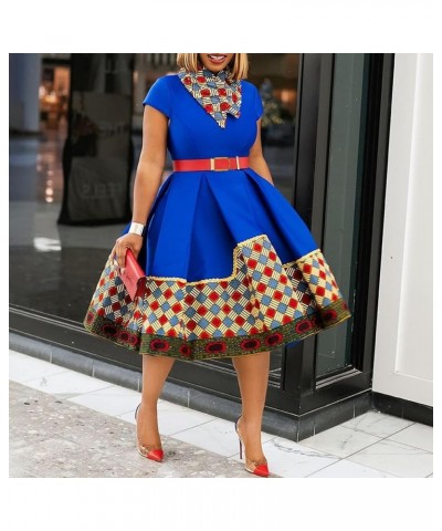 Women's Elegant Multicolor Grid Stitching Lapel A-line Dress Short Sleeve Belt Night Club Party Evening Midi Dresses Blue $22...