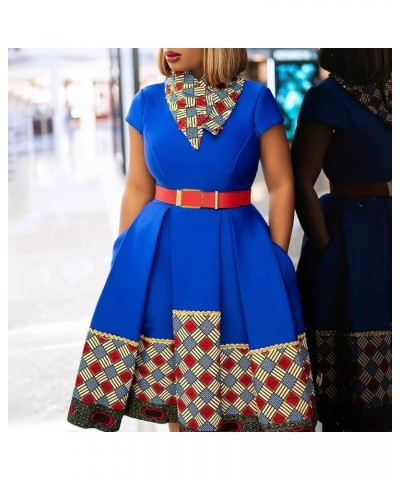 Women's Elegant Multicolor Grid Stitching Lapel A-line Dress Short Sleeve Belt Night Club Party Evening Midi Dresses Blue $22...