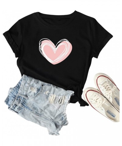 Women's Heart Print T Shirts Summer Funny Short Sleeve Tops Black Pink $10.50 Tops