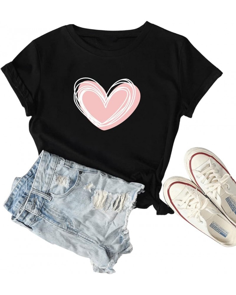 Women's Heart Print T Shirts Summer Funny Short Sleeve Tops Black Pink $10.50 Tops