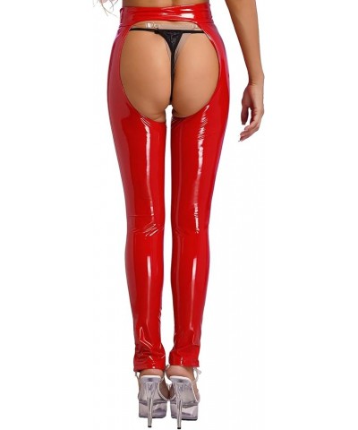 Women's Wet Look PVC Leather Open Crotch Backless Stretch Legging Pants Red a $9.69 Bodysuits