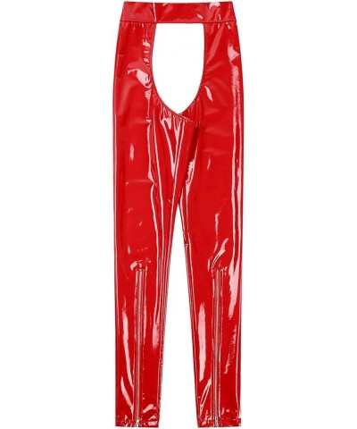 Women's Wet Look PVC Leather Open Crotch Backless Stretch Legging Pants Red a $9.69 Bodysuits