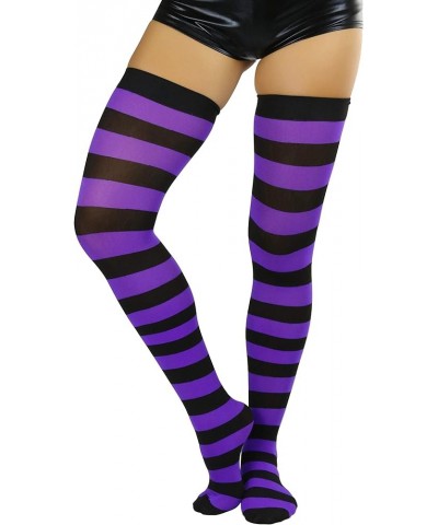 Women's Vibrant Horizontal Wide Striped Thigh High Stockings Black W/ Purple Stripes $10.80 Socks