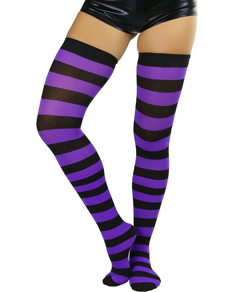 Women's Vibrant Horizontal Wide Striped Thigh High Stockings Black W/ Purple Stripes $10.80 Socks