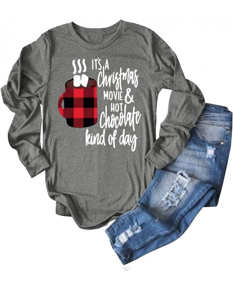 Christmas Shirts for Women This is My Christmas Movies Watching Plaid Tees Long Sleeve Merry Xmas Coffee Splicing Tops A1 Gre...