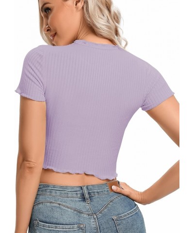 Women's Lettuce Trim Ribbed Knit Short Sleeve Crop Top Slim Fitted T-Shirt Tee Purple $13.91 T-Shirts