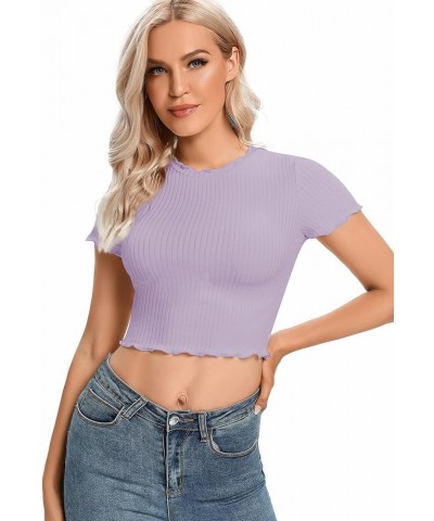 Women's Lettuce Trim Ribbed Knit Short Sleeve Crop Top Slim Fitted T-Shirt Tee Purple $13.91 T-Shirts