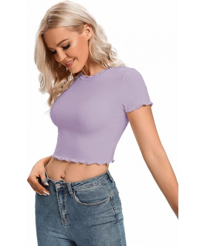 Women's Lettuce Trim Ribbed Knit Short Sleeve Crop Top Slim Fitted T-Shirt Tee Purple $13.91 T-Shirts