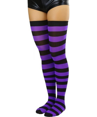 Women's Vibrant Horizontal Wide Striped Thigh High Stockings Black W/ Purple Stripes $10.80 Socks