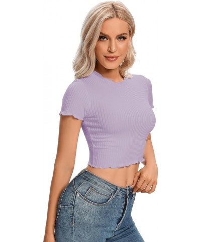 Women's Lettuce Trim Ribbed Knit Short Sleeve Crop Top Slim Fitted T-Shirt Tee Purple $13.91 T-Shirts