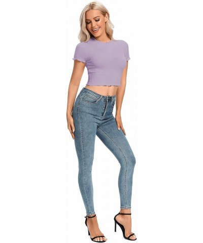 Women's Lettuce Trim Ribbed Knit Short Sleeve Crop Top Slim Fitted T-Shirt Tee Purple $13.91 T-Shirts