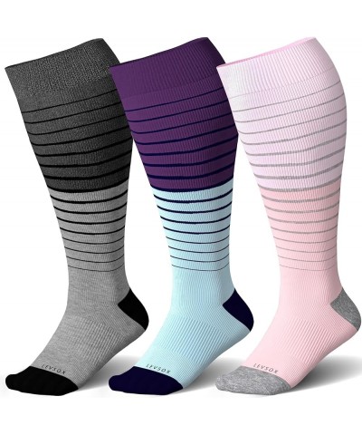 Wide Calf Compression Socks for Women&Men Plus Size 15-20mmHg Knee High Large Support Stockings for Circulation 3 Pair-stripe...