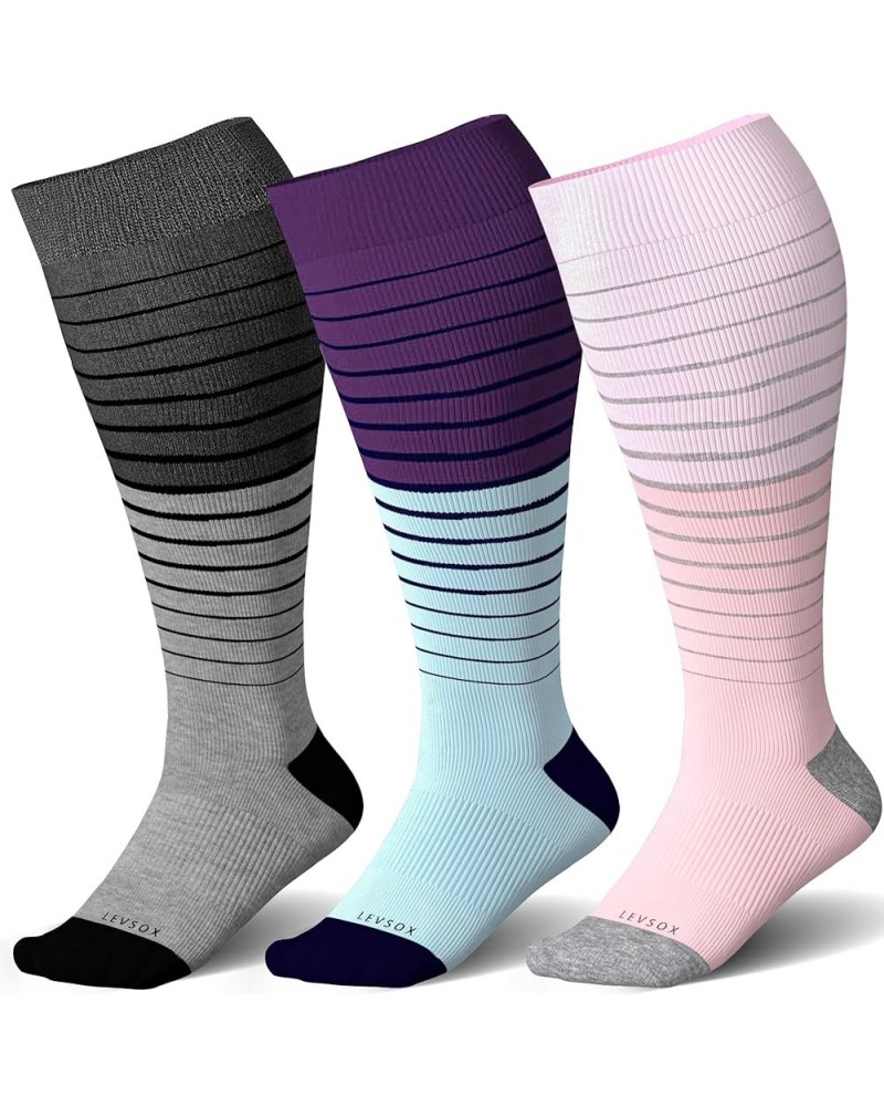 Wide Calf Compression Socks for Women&Men Plus Size 15-20mmHg Knee High Large Support Stockings for Circulation 3 Pair-stripe...