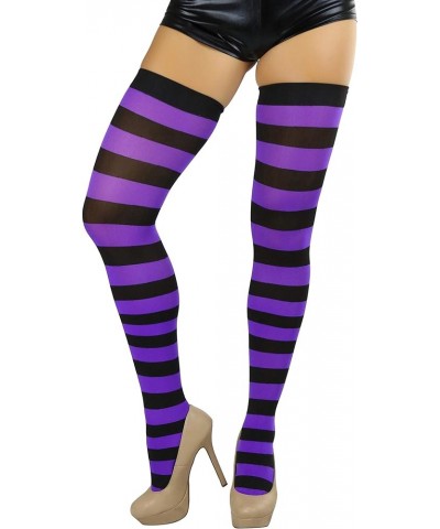 Women's Vibrant Horizontal Wide Striped Thigh High Stockings Black W/ Purple Stripes $10.80 Socks