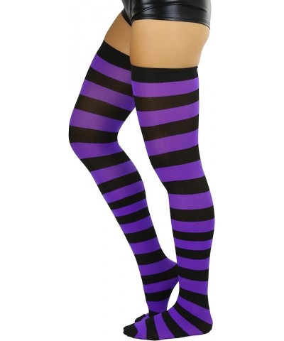 Women's Vibrant Horizontal Wide Striped Thigh High Stockings Black W/ Purple Stripes $10.80 Socks