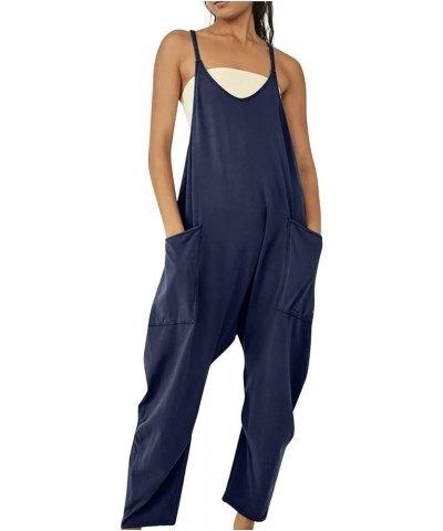 Womens Plus Size Overalls Summer Casual Sleeveless Jumpsuit Loose Fit V Neck Romper Comfy Long Pants with Pockets Navy-1 $4.7...