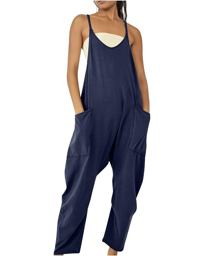 Womens Plus Size Overalls Summer Casual Sleeveless Jumpsuit Loose Fit V Neck Romper Comfy Long Pants with Pockets Navy-1 $4.7...