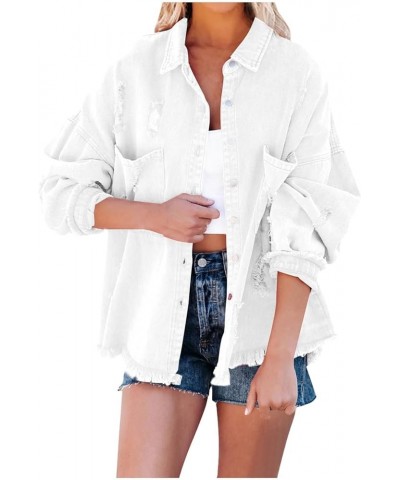 Womens Denim Jacket Western Plain Casual Fall Shacket Collar Button Down Loose Fit Denim Jacket for Women 2024 E-398 White $8...