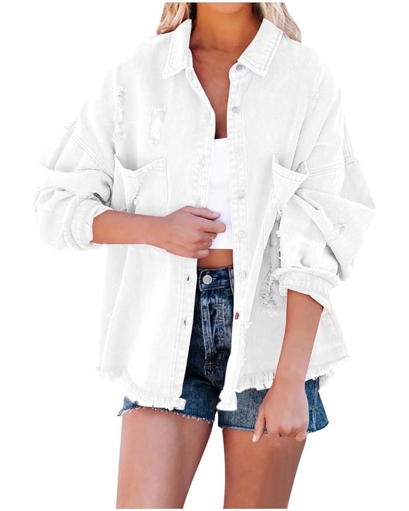 Womens Denim Jacket Western Plain Casual Fall Shacket Collar Button Down Loose Fit Denim Jacket for Women 2024 E-398 White $8...