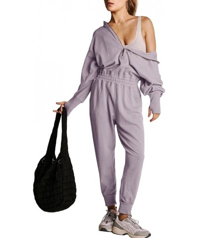 Womens Jumpsuits One Piece Zip Up Hoodie Outfits Long Sleeve Elastic High Waisted Hooded Onesie Overalls Grey Purple $25.51 J...