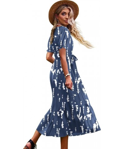 Women's 2023 Summer Casual Square Neck Floral Dress Ruffle Puff Short Sleeve Belted Maxi Dress with Pockets E16 E16 as Pictur...