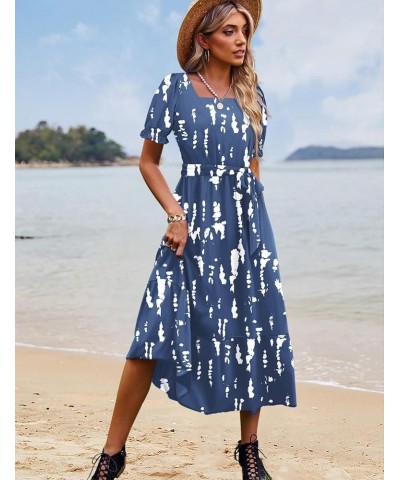 Women's 2023 Summer Casual Square Neck Floral Dress Ruffle Puff Short Sleeve Belted Maxi Dress with Pockets E16 E16 as Pictur...