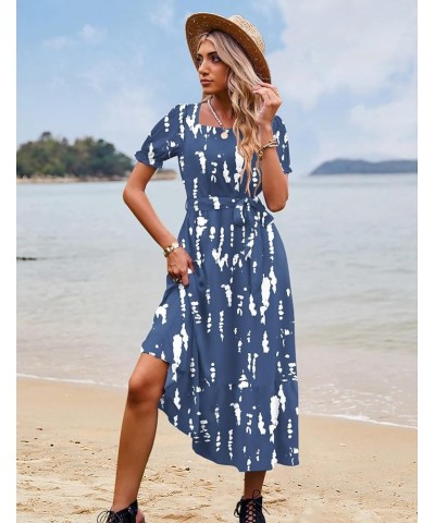 Women's 2023 Summer Casual Square Neck Floral Dress Ruffle Puff Short Sleeve Belted Maxi Dress with Pockets E16 E16 as Pictur...