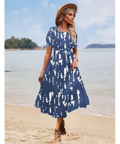 Women's 2023 Summer Casual Square Neck Floral Dress Ruffle Puff Short Sleeve Belted Maxi Dress with Pockets E16 E16 as Pictur...