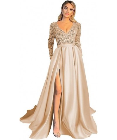 V Neck Long Sleeve Prom Dress Bridesmaid Dress A Line Sequin Satin Long Formal Ball Gowns Dress with Slit Champange $46.74 Dr...