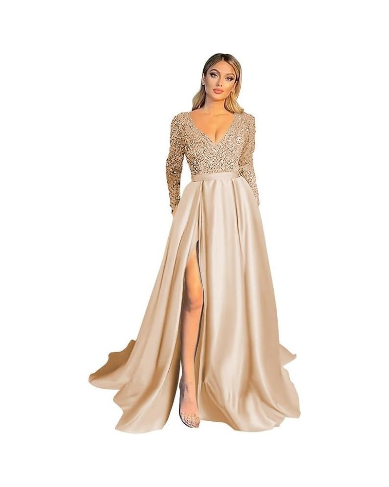 V Neck Long Sleeve Prom Dress Bridesmaid Dress A Line Sequin Satin Long Formal Ball Gowns Dress with Slit Champange $46.74 Dr...