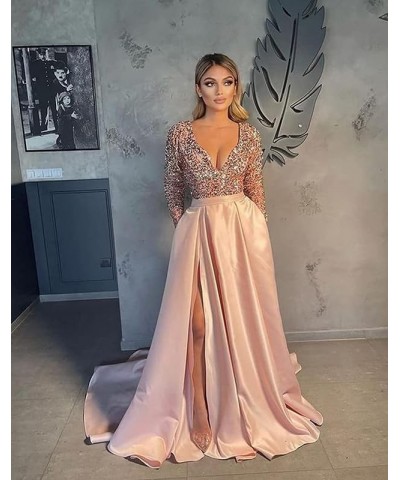 V Neck Long Sleeve Prom Dress Bridesmaid Dress A Line Sequin Satin Long Formal Ball Gowns Dress with Slit Champange $46.74 Dr...