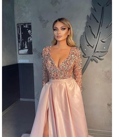 V Neck Long Sleeve Prom Dress Bridesmaid Dress A Line Sequin Satin Long Formal Ball Gowns Dress with Slit Champange $46.74 Dr...