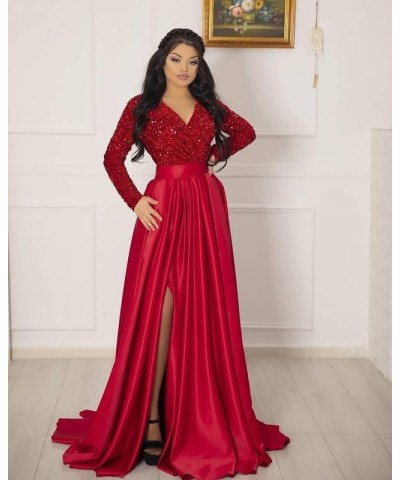 V Neck Long Sleeve Prom Dress Bridesmaid Dress A Line Sequin Satin Long Formal Ball Gowns Dress with Slit Champange $46.74 Dr...