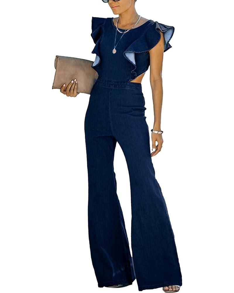 Women's Flared Denim Jumpsuit Ruffle Sleeve Backless Jeans Jumper Long Rompers Dark Blue $29.99 Jumpsuits